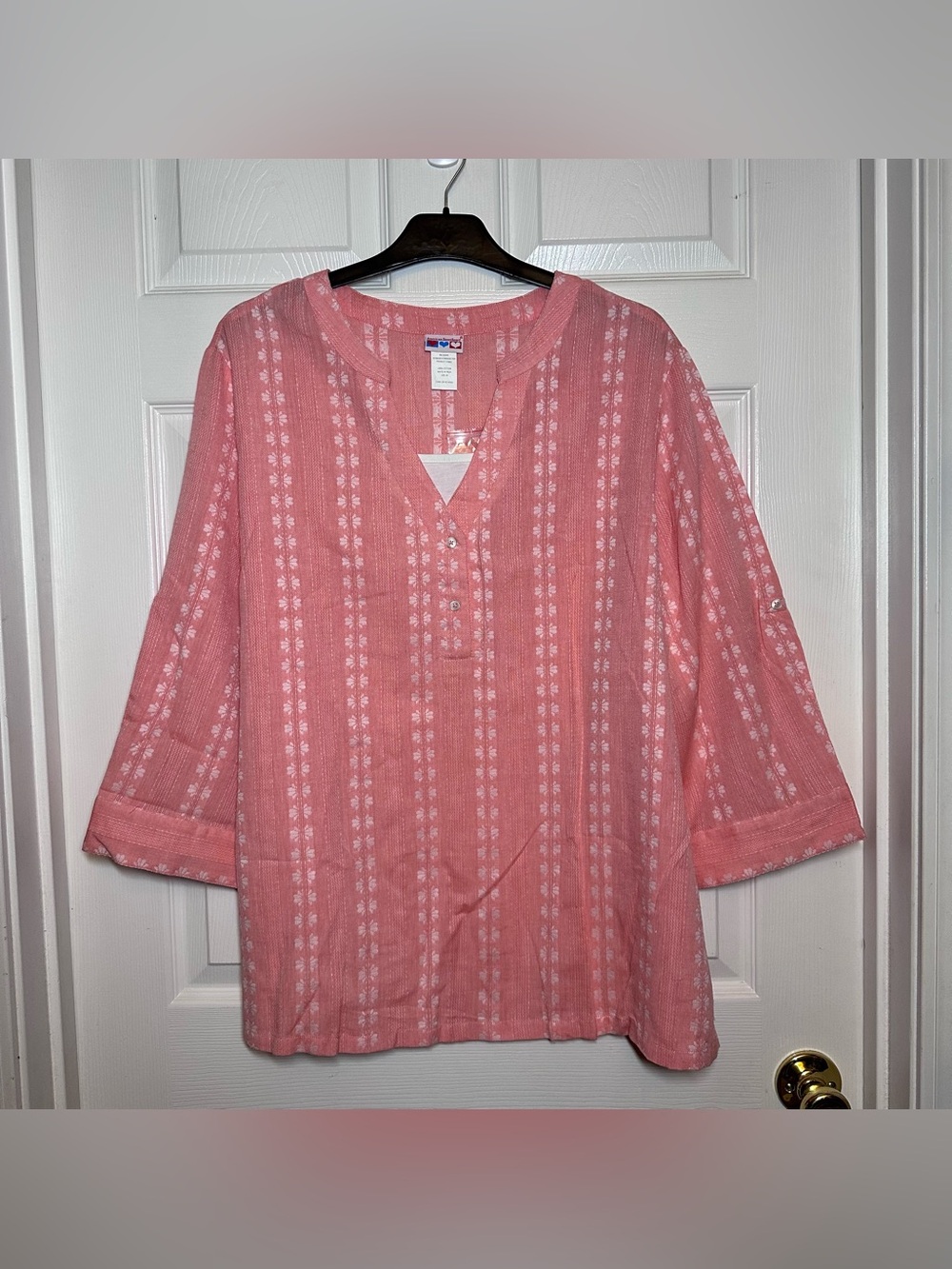 American Sweetheart Women's 2X Coral Pink Cotton V-Neck Roll Sleeve Tunic Top